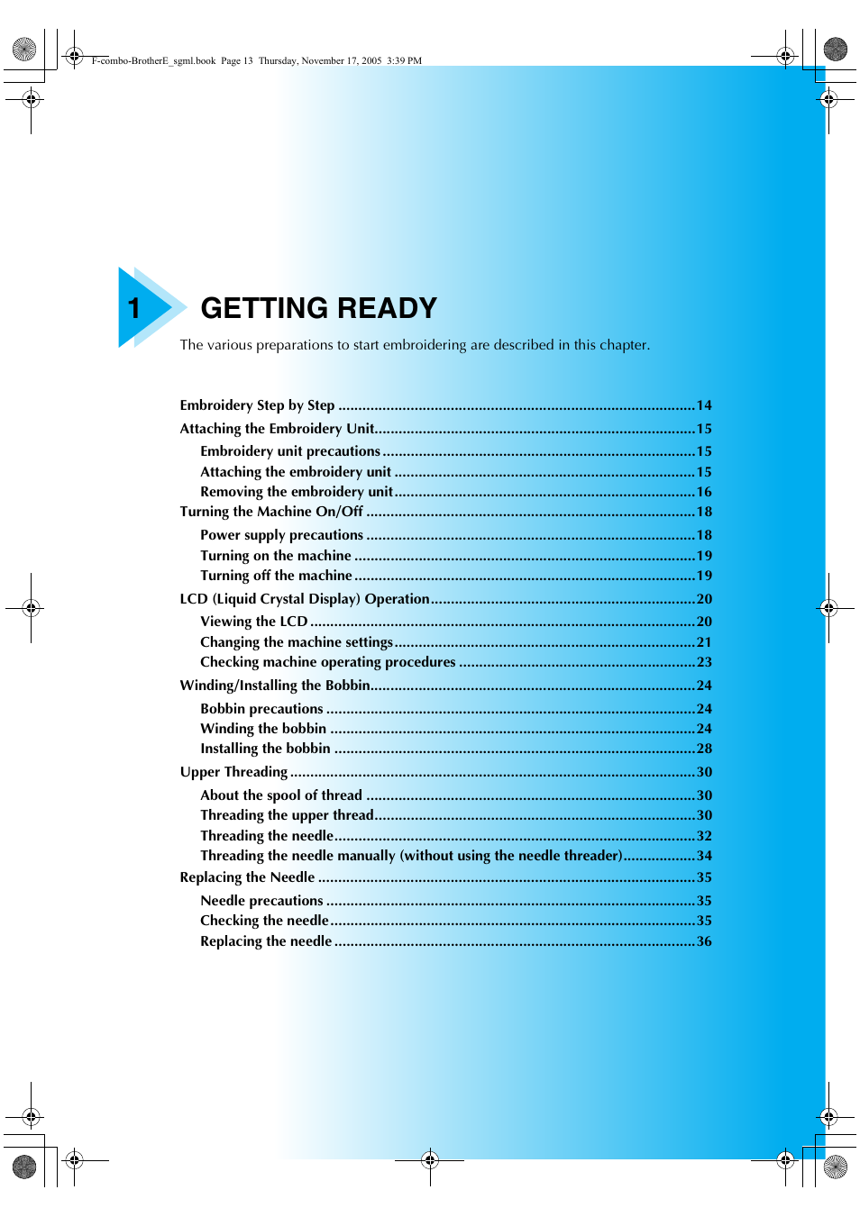 1getting ready | Brother Computerized Embroidery Machine User Manual | Page 14 / 86