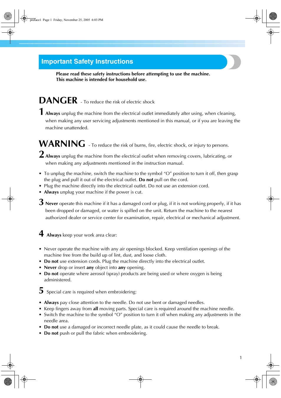 Danger, Warning | Brother Computerized Embroidery Machine User Manual | Page 2 / 86