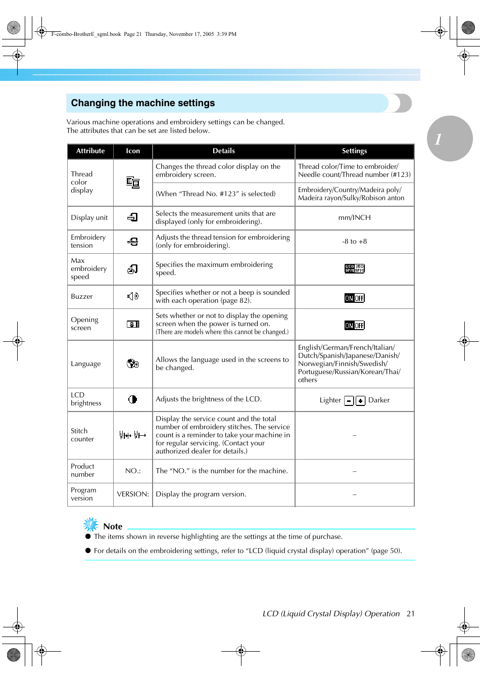 Changing the machine settings | Brother Computerized Embroidery Machine User Manual | Page 22 / 86