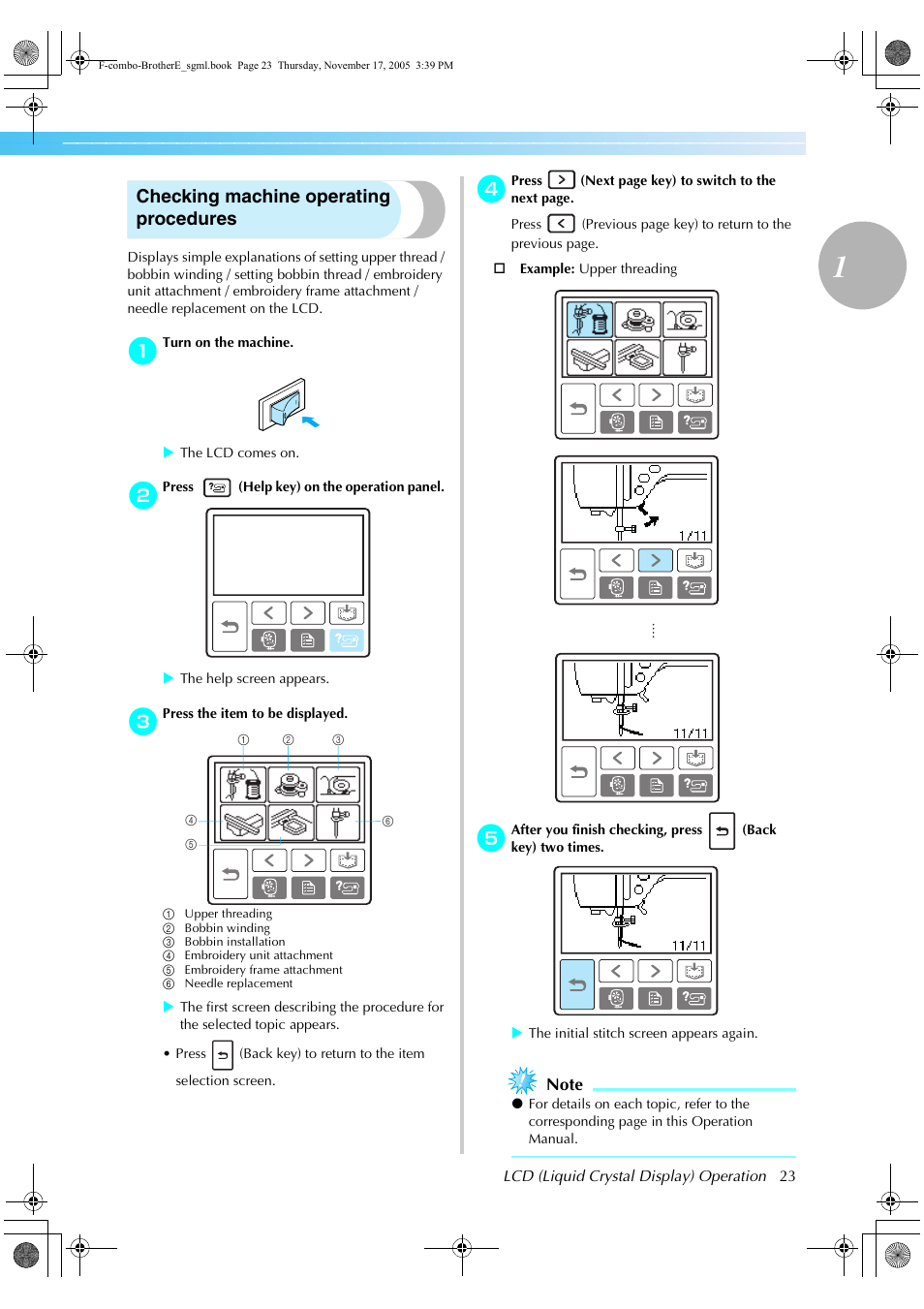 Checking machine operating procedures | Brother Computerized Embroidery Machine User Manual | Page 24 / 86