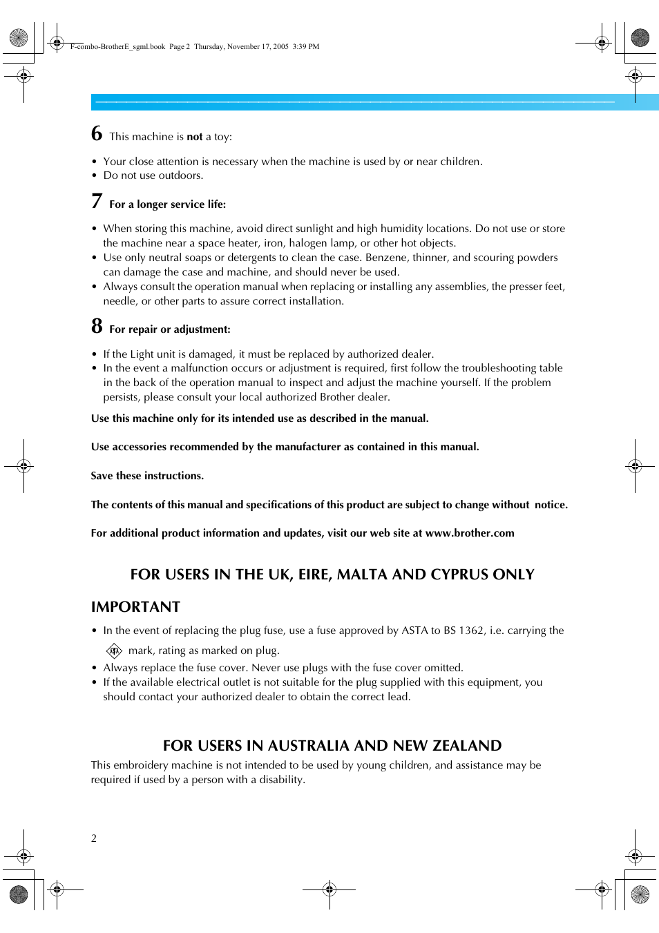For users in australia and new zealand | Brother Computerized Embroidery Machine User Manual | Page 3 / 86