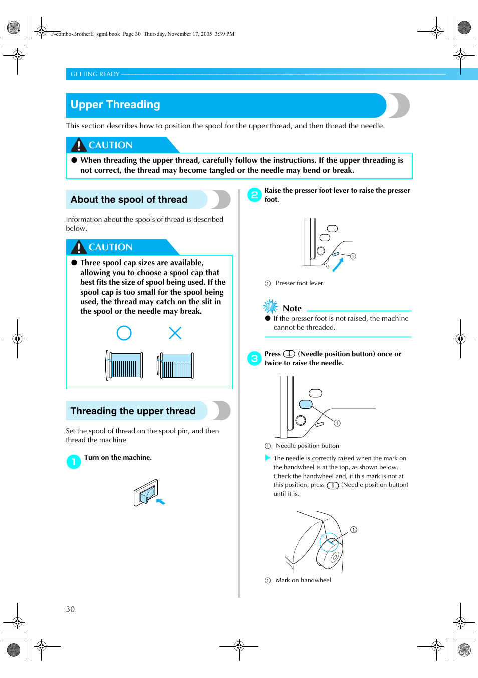 Upper threading, Caution about the spool of thread, Caution threading the upper thread | Brother Computerized Embroidery Machine User Manual | Page 31 / 86