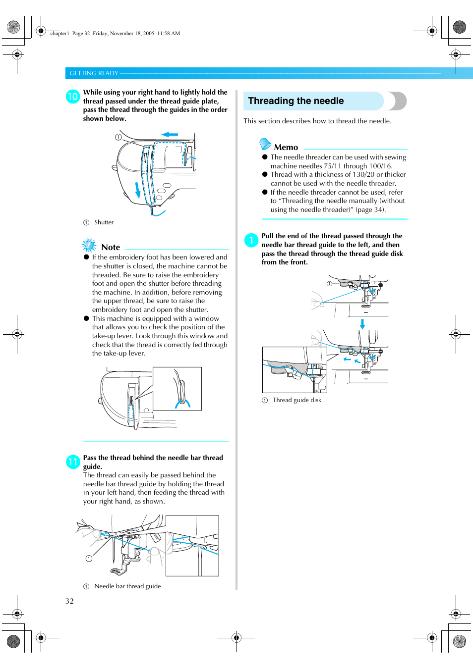 Threading the needle | Brother Computerized Embroidery Machine User Manual | Page 33 / 86