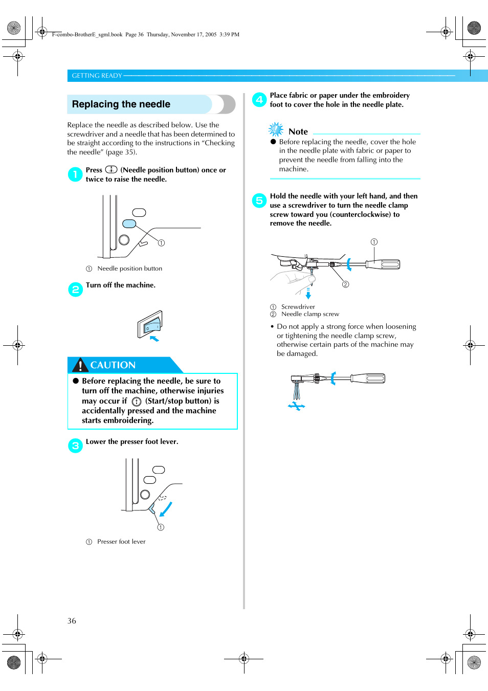 Replacing the needle, Caution | Brother Computerized Embroidery Machine User Manual | Page 37 / 86