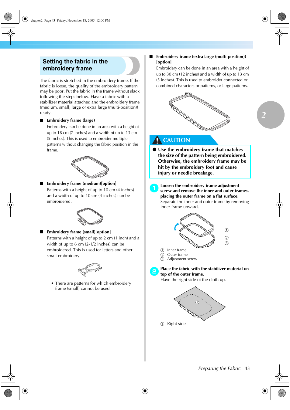 Setting the fabric in the embroidery frame, Caution | Brother Computerized Embroidery Machine User Manual | Page 44 / 86