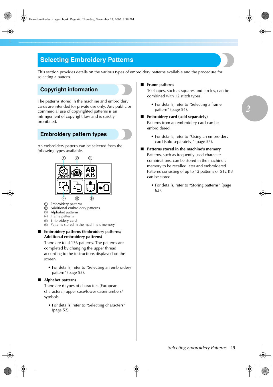 Selecting embroidery patterns, Copyright information, Embroidery pattern types | Brother Computerized Embroidery Machine User Manual | Page 50 / 86