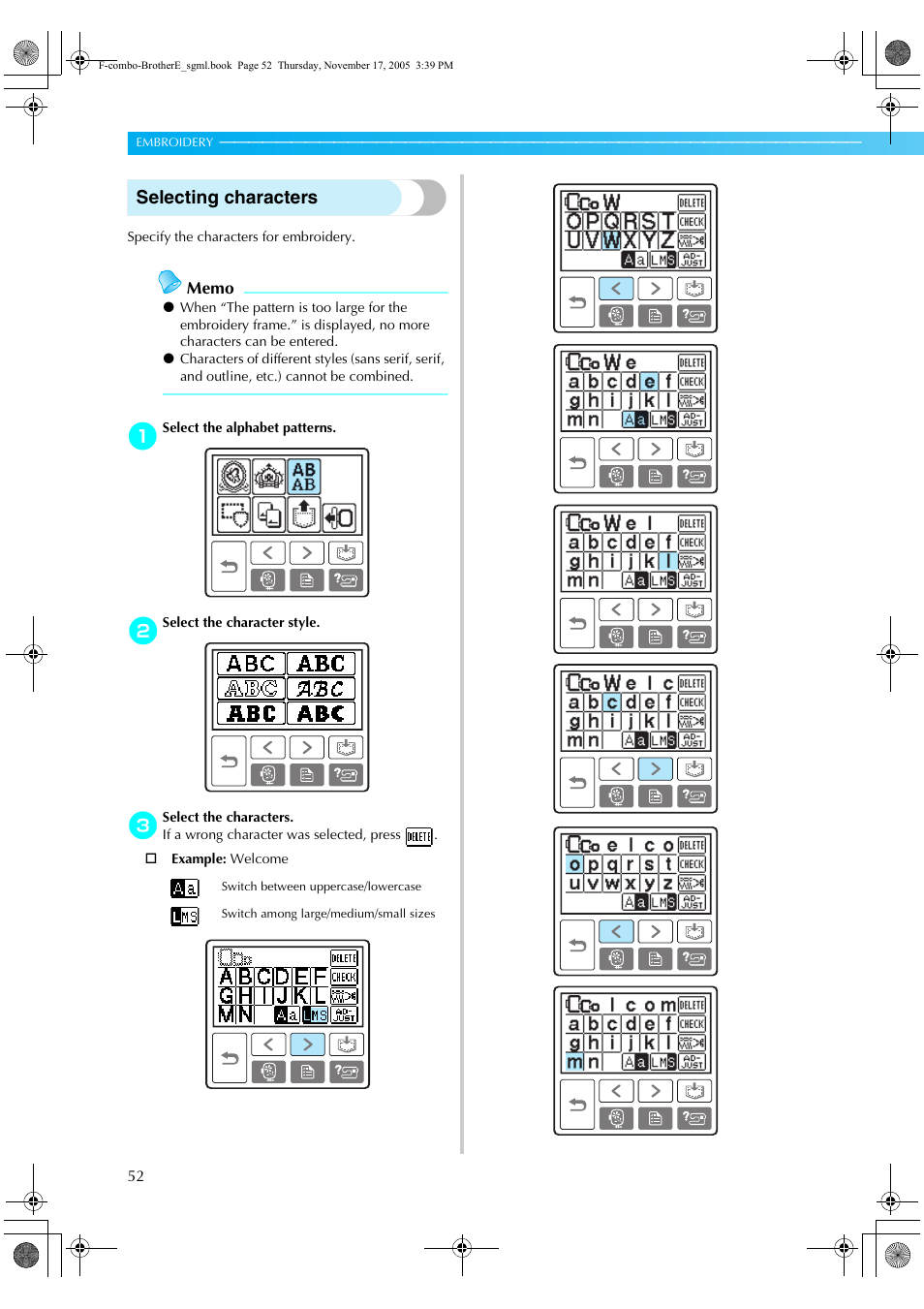 Selecting characters | Brother Computerized Embroidery Machine User Manual | Page 53 / 86