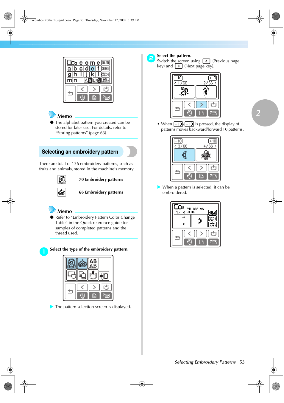Selecting an embroidery pattern | Brother Computerized Embroidery Machine User Manual | Page 54 / 86