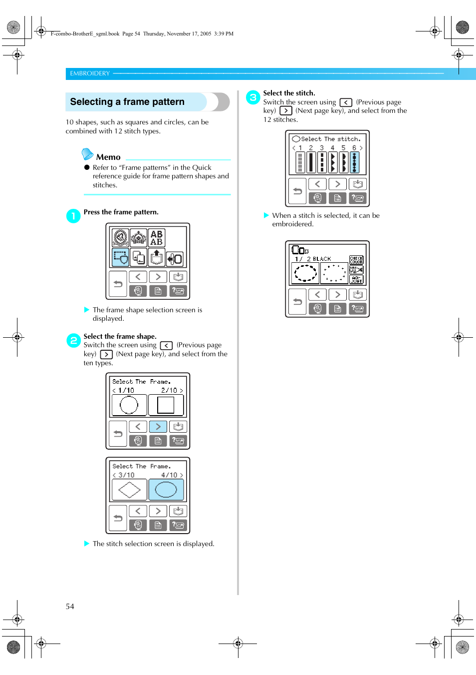 Selecting a frame pattern | Brother Computerized Embroidery Machine User Manual | Page 55 / 86