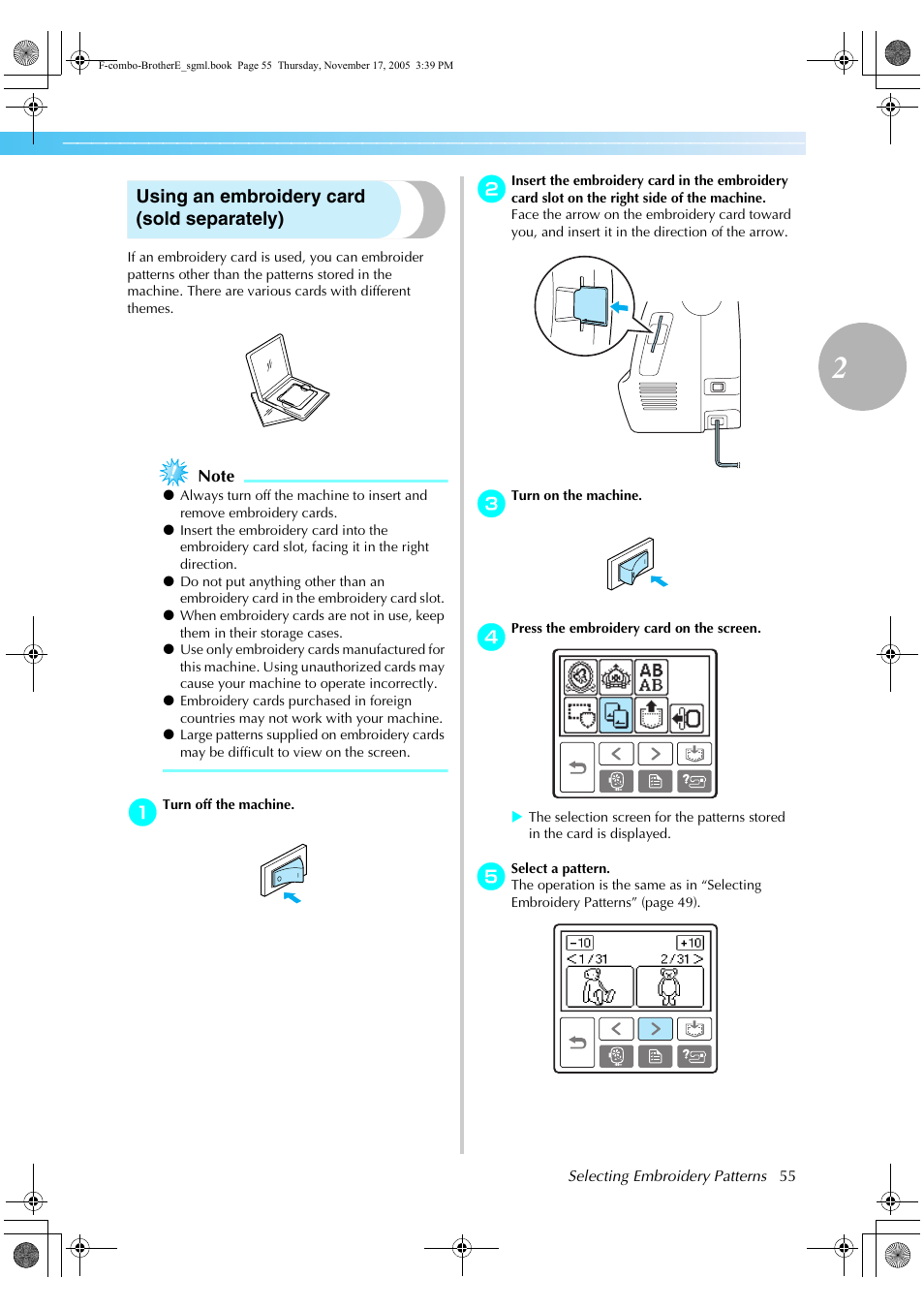 Using an embroidery card (sold separately) | Brother Computerized Embroidery Machine User Manual | Page 56 / 86