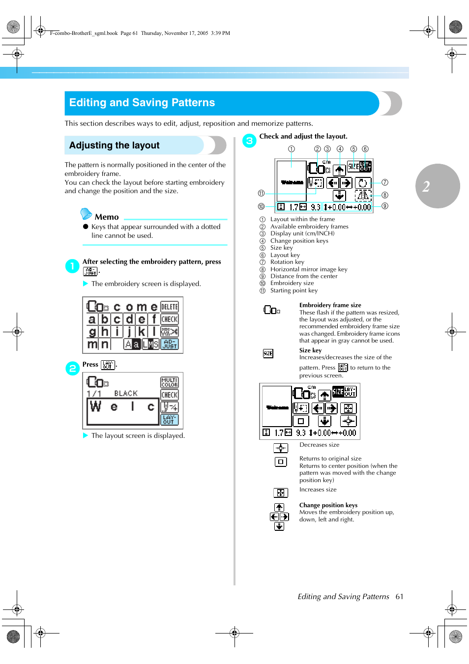 Editing and saving patterns, Adjusting the layout | Brother Computerized Embroidery Machine User Manual | Page 62 / 86