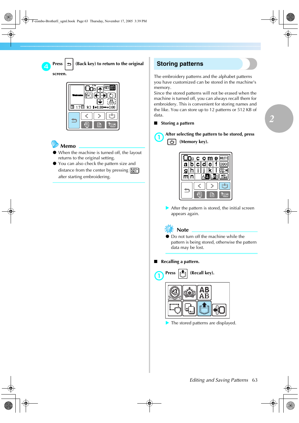 Storing patterns | Brother Computerized Embroidery Machine User Manual | Page 64 / 86