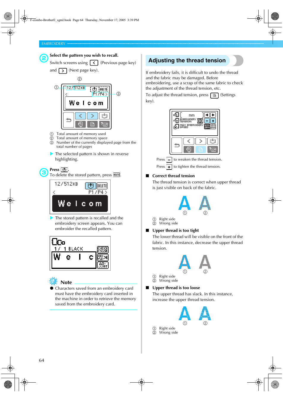 Adjusting the thread tension | Brother Computerized Embroidery Machine User Manual | Page 65 / 86