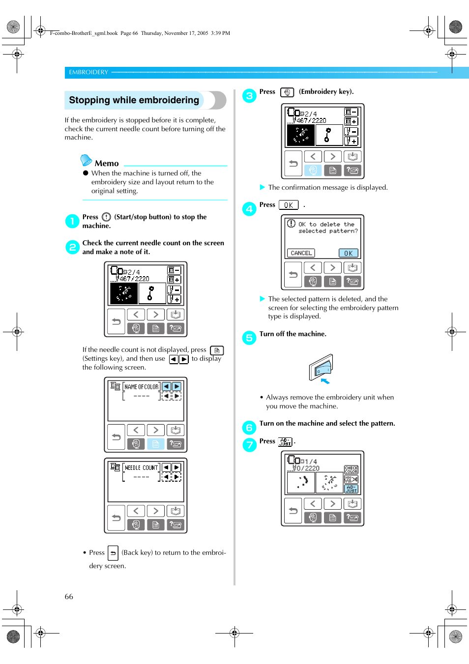 Stopping while embroidering | Brother Computerized Embroidery Machine User Manual | Page 67 / 86