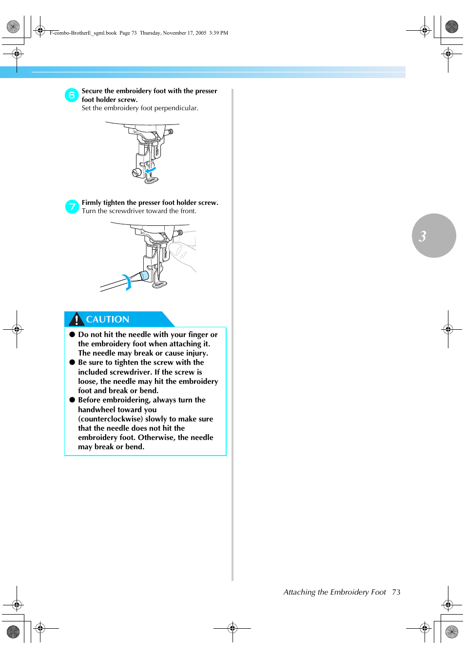 Caution | Brother Computerized Embroidery Machine User Manual | Page 74 / 86