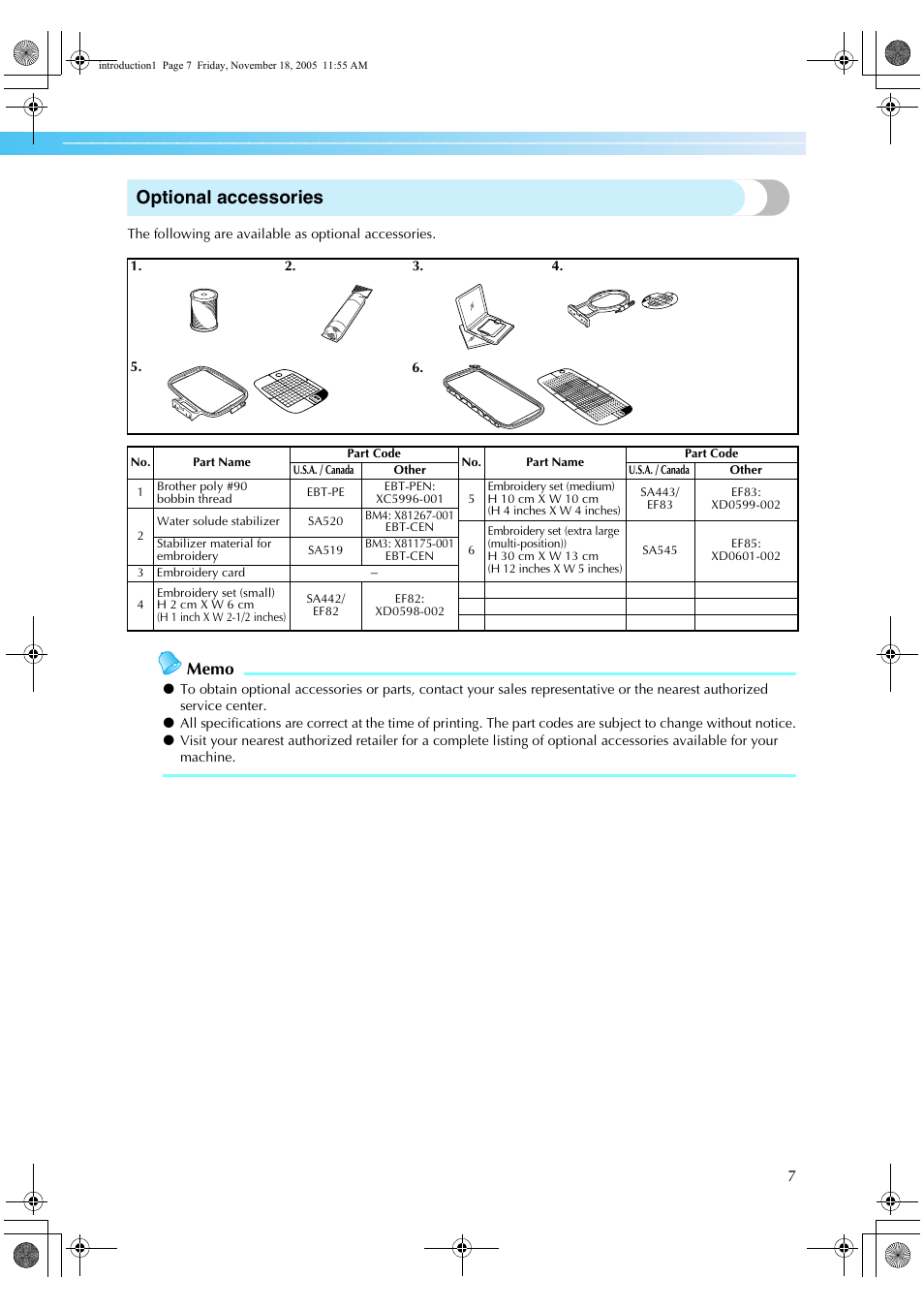 Optional accessories | Brother Computerized Embroidery Machine User Manual | Page 8 / 86