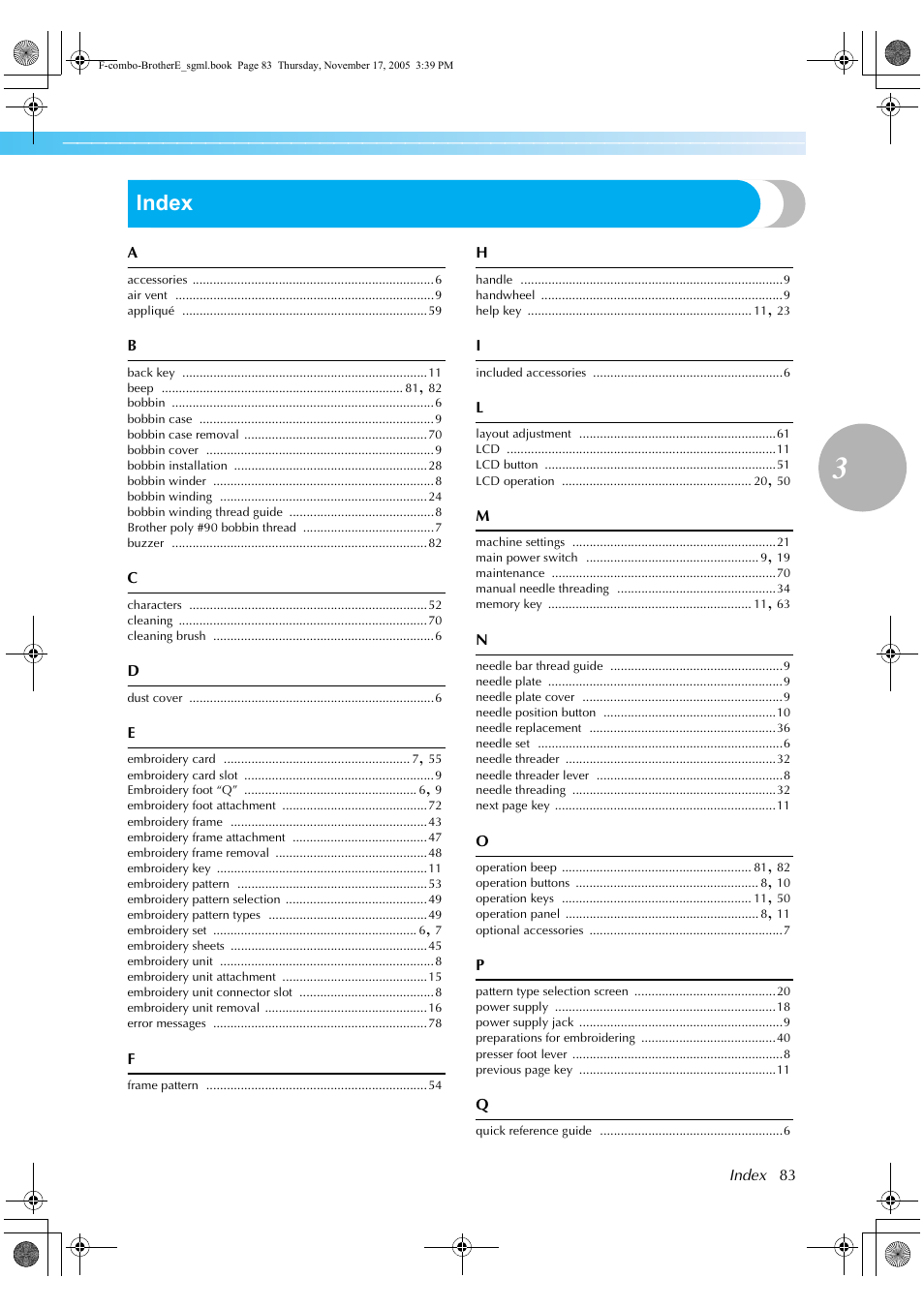 Index | Brother Computerized Embroidery Machine User Manual | Page 84 / 86