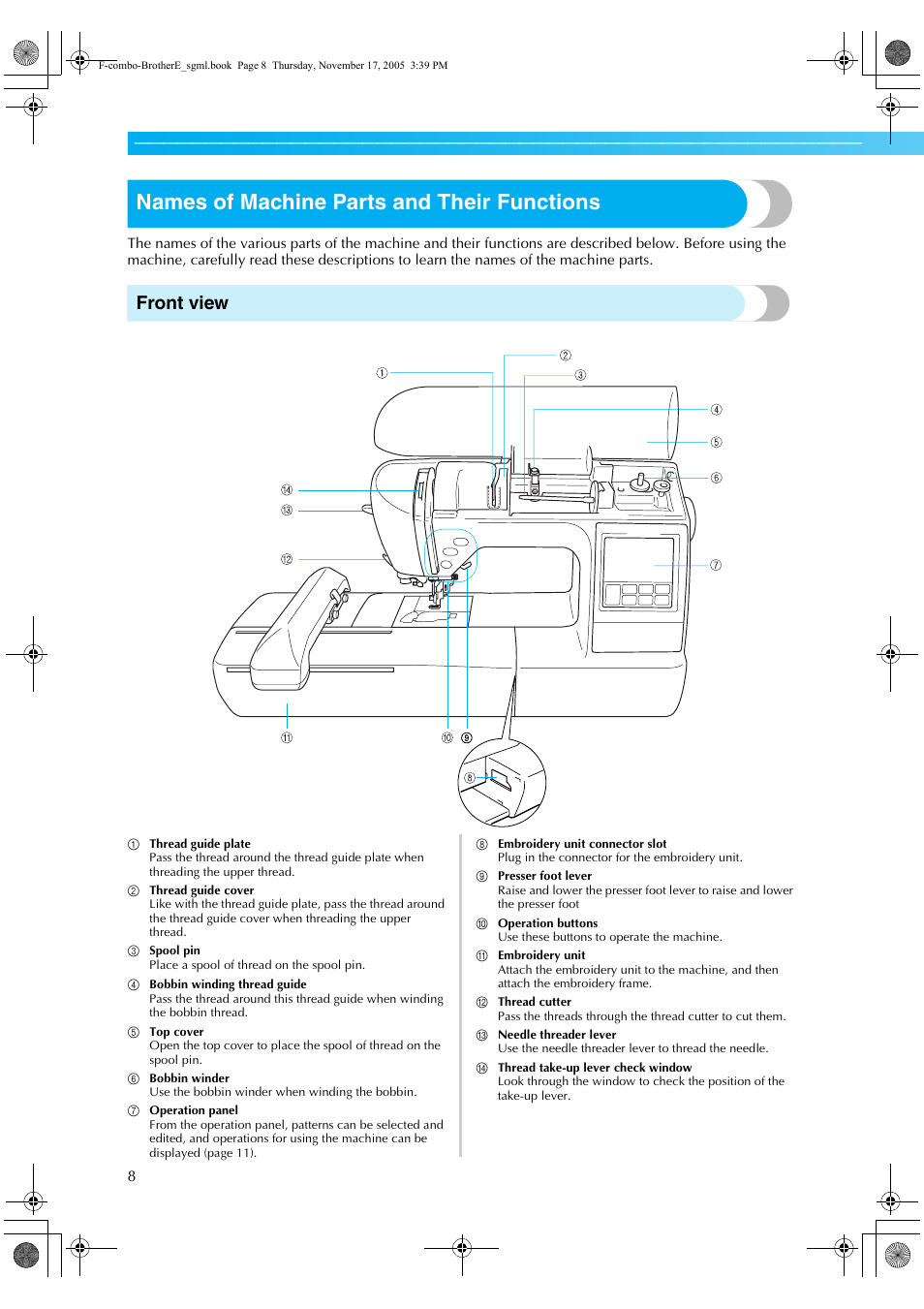 Names of machine parts and their functions, Front view | Brother Computerized Embroidery Machine User Manual | Page 9 / 86