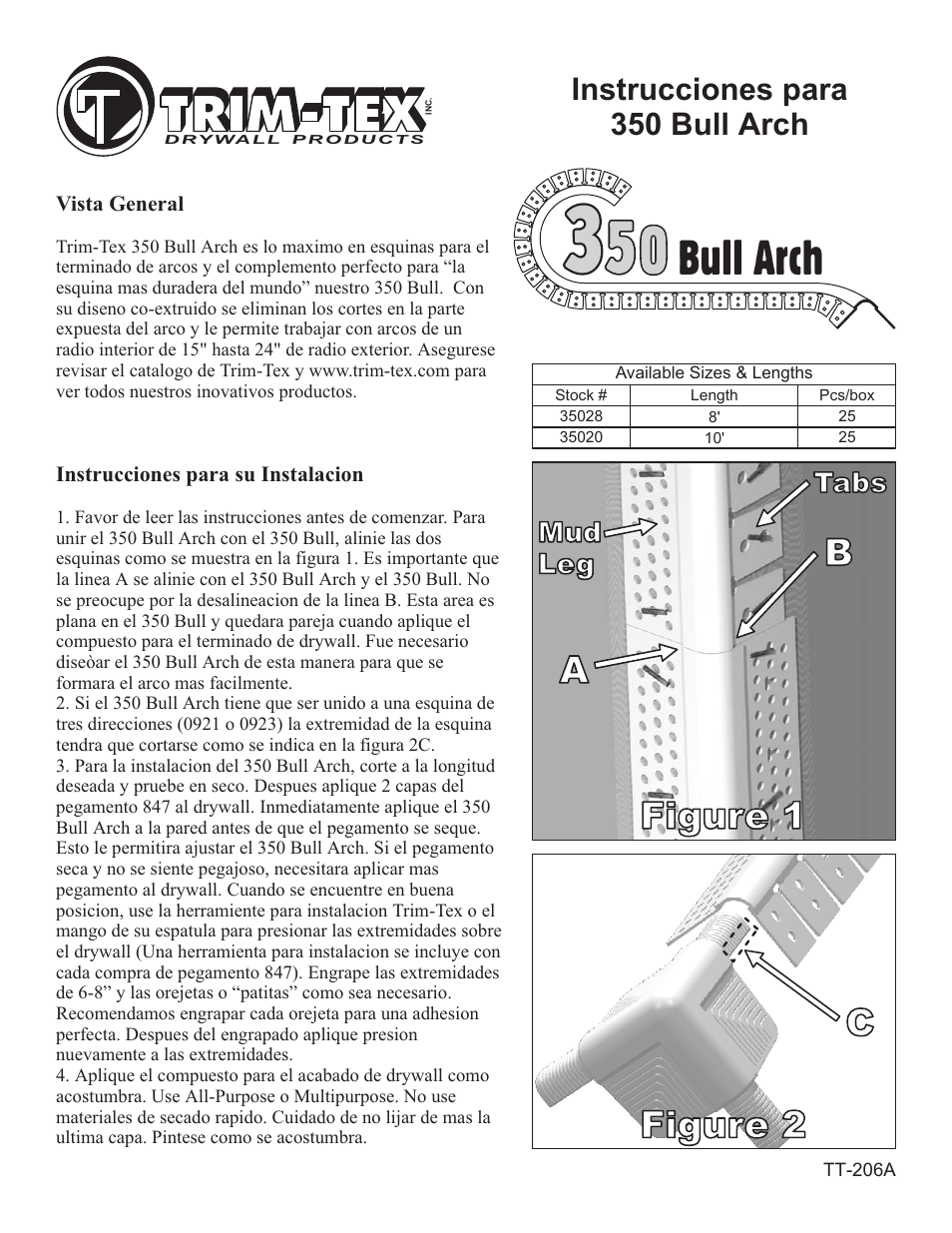 Bull arch, Cfigure 2 figure 2, Ab figure 1 figure 1 | Instrucciones para 350 bull arch, Mud leg, Mud leg tabs | Trim-Tex 350 Bull Arch User Manual | Page 2 / 2