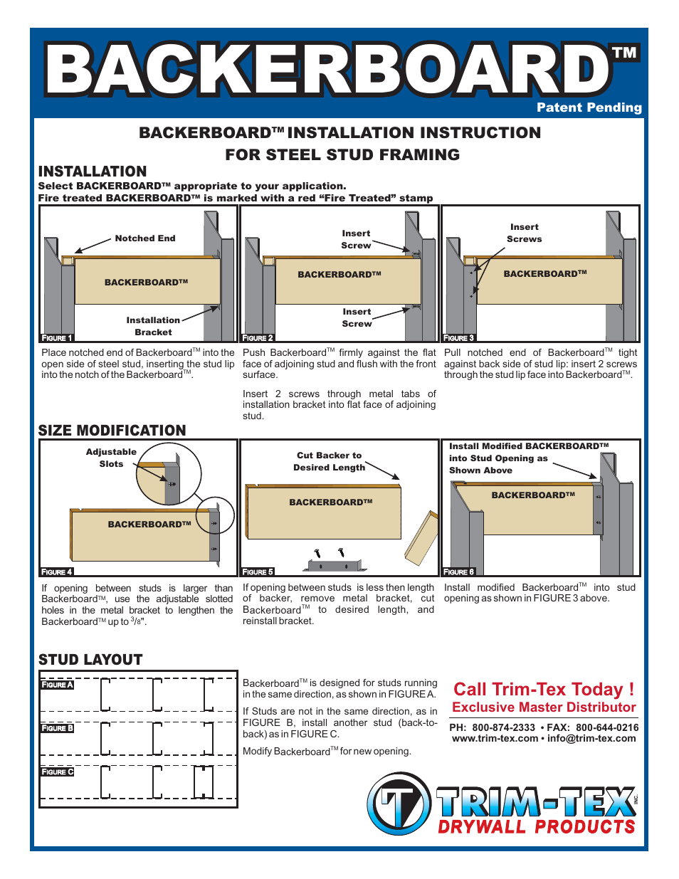 Call trim-tex today, Backerboard, Installation instruction for steel stud framing | Installation, Size modification, Stud layout, Exclusive master distributor, Patent pending | Trim-Tex Backerboard User Manual | Page 2 / 2