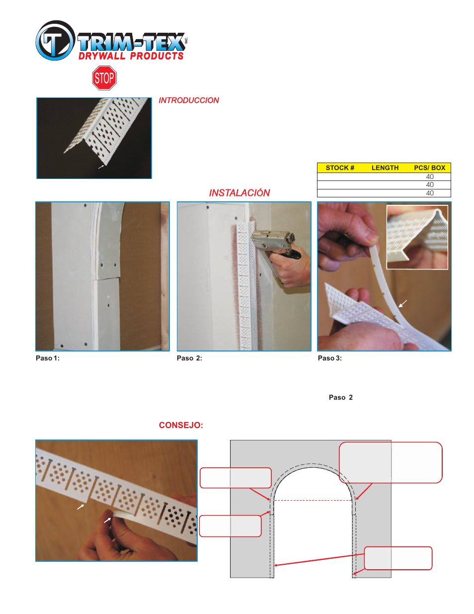 Esquinero combo de arco + 90, Instrucciones de instalación, Favor de leer las instrucciones antes de comenzar | Instalaci n | Trim-Tex Combo Bead User Manual | Page 2 / 2