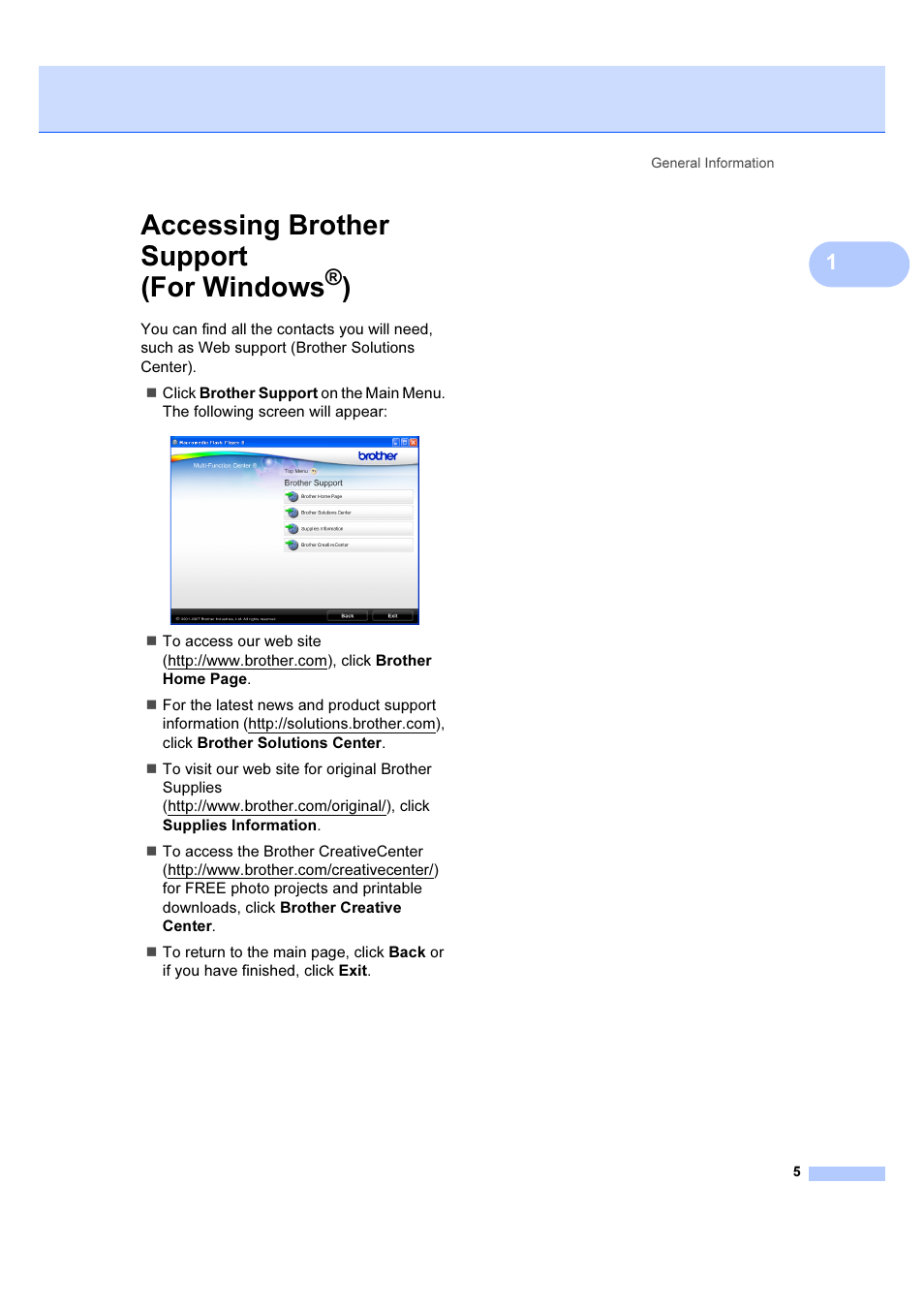 Accessing brother support (for windows®), Accessing brother support (for windows | Brother DCP-385C User Manual | Page 11 / 122