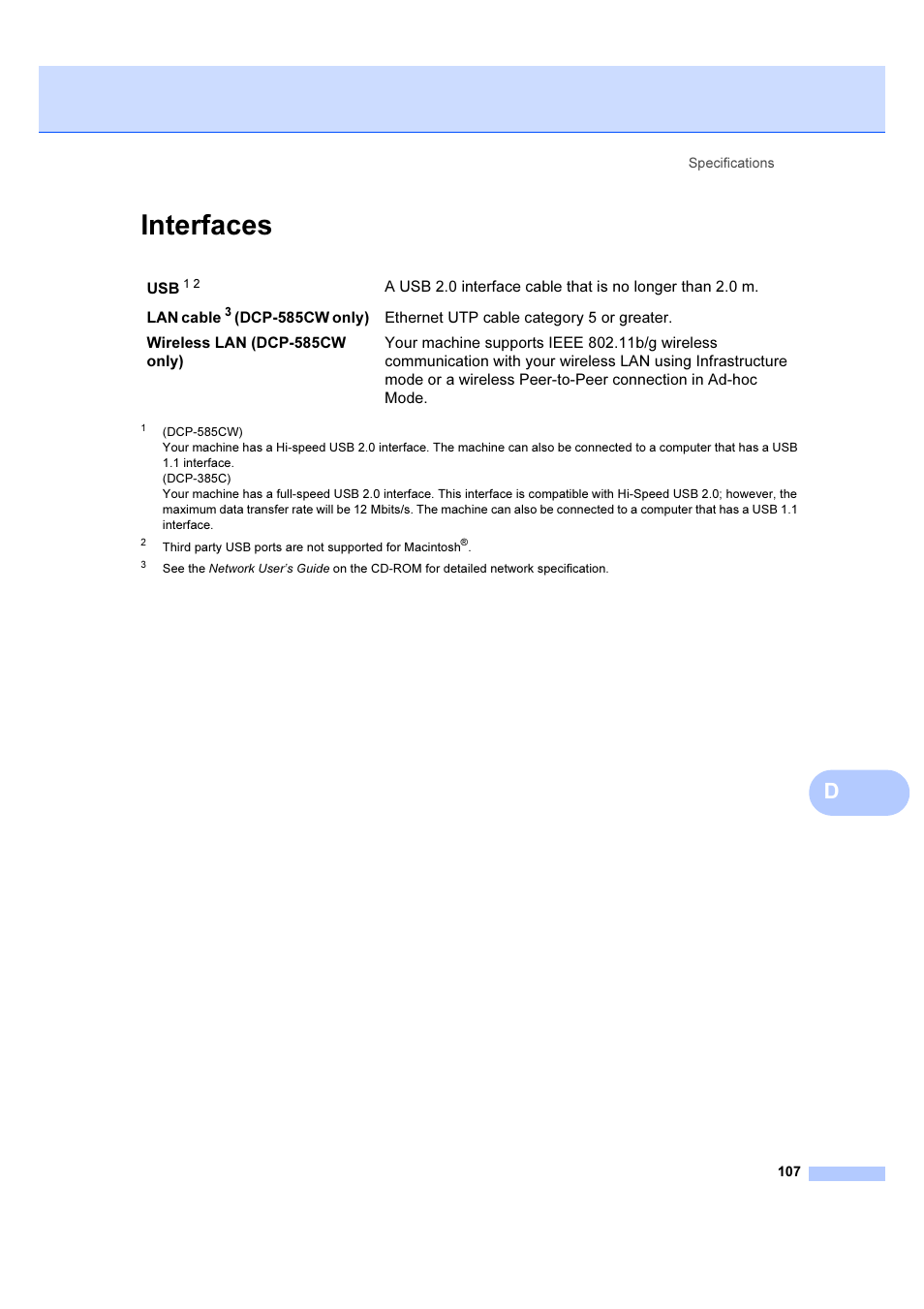 Interfaces | Brother DCP-385C User Manual | Page 113 / 122