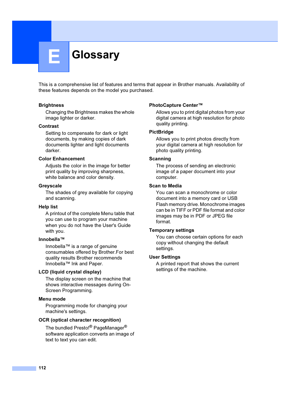 E glossary, Glossary | Brother DCP-385C User Manual | Page 118 / 122