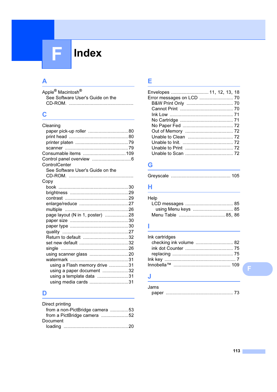 Index | Brother DCP-385C User Manual | Page 119 / 122