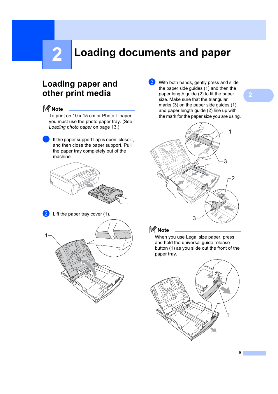 2 loading documents and paper, Loading paper and other print media, Loading documents and paper | Brother DCP-385C User Manual | Page 15 / 122