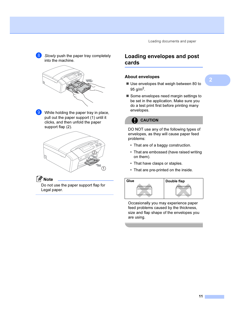 Loading envelopes and post cards, About envelopes | Brother DCP-385C User Manual | Page 17 / 122