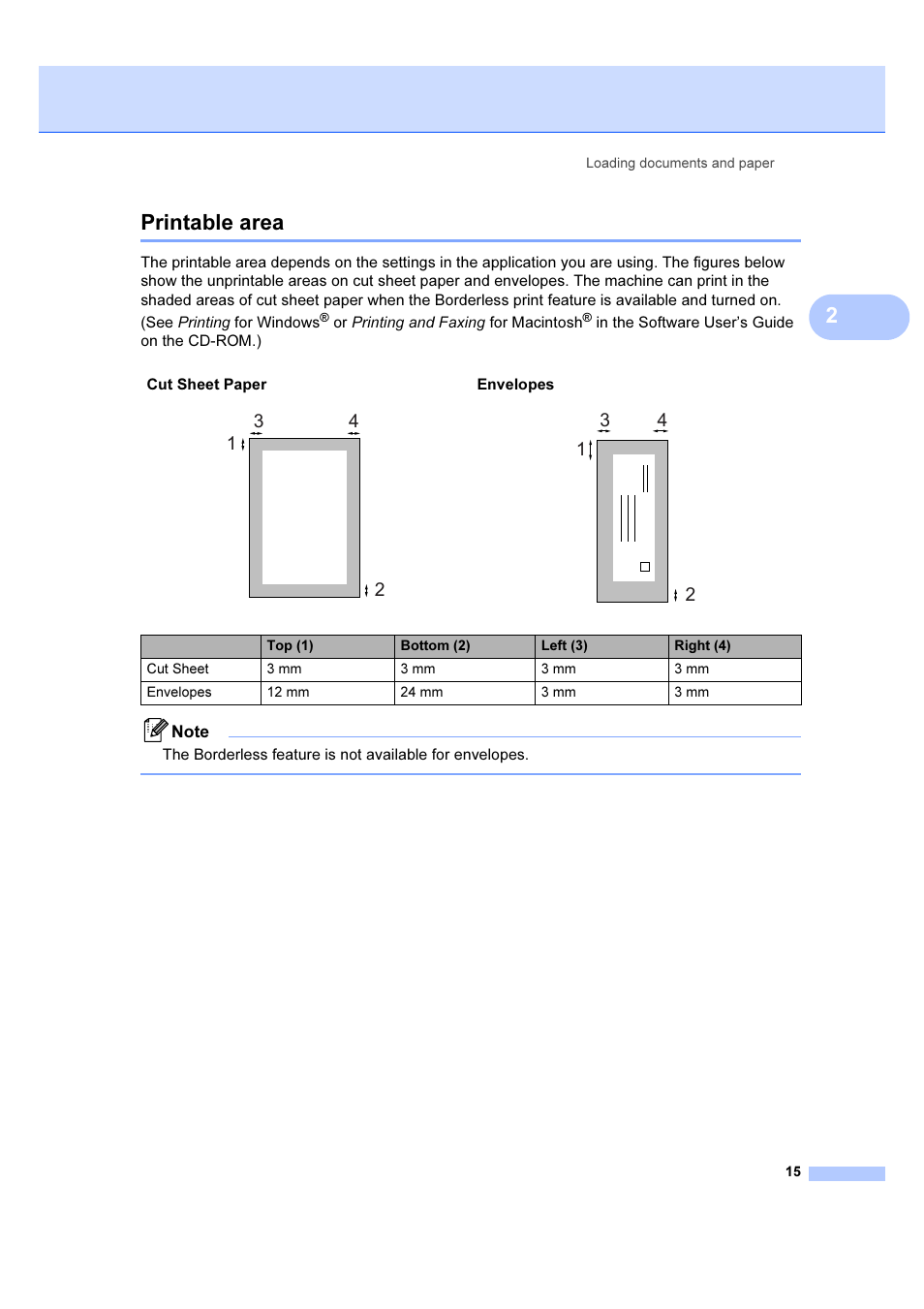 Printable area, 2printable area | Brother DCP-385C User Manual | Page 21 / 122