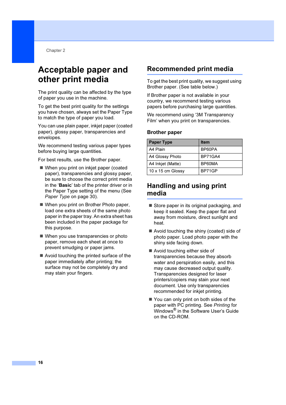 Acceptable paper and other print media, Recommended print media, Handling and using print media | Brother DCP-385C User Manual | Page 22 / 122