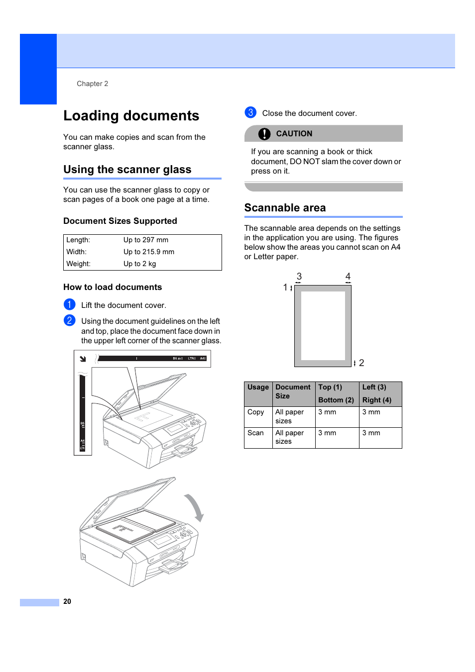 Loading documents, Using the scanner glass, Scannable area | Using the scanner glass scannable area | Brother DCP-385C User Manual | Page 26 / 122