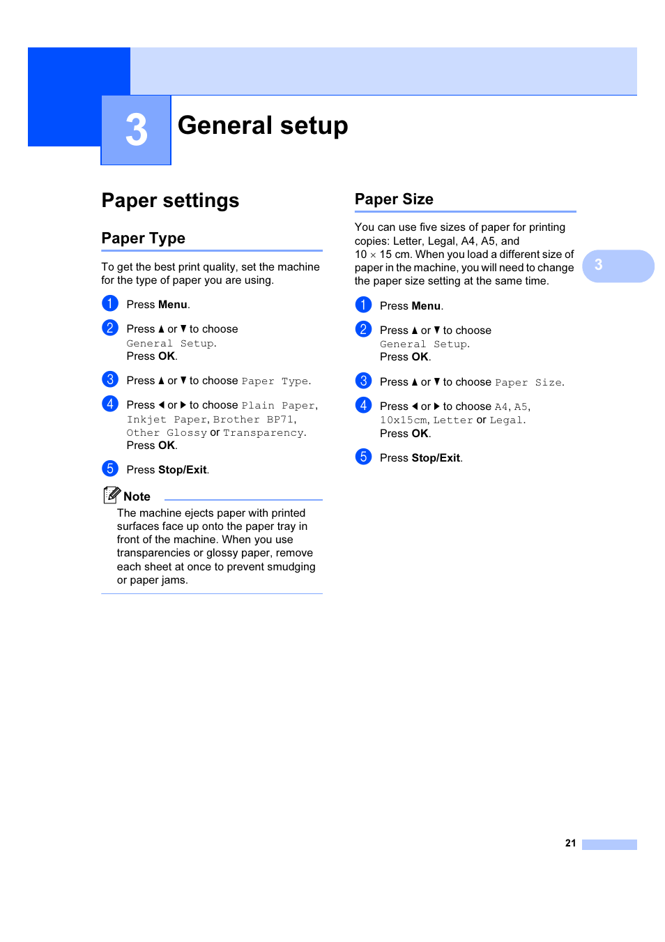 3 general setup, Paper settings, Paper type | Paper size, General setup, Paper type paper size | Brother DCP-385C User Manual | Page 27 / 122