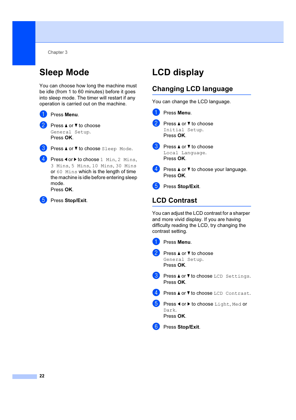 Sleep mode, Lcd display, Changing lcd language | Lcd contrast, Sleep mode lcd display, Changing lcd language lcd contrast | Brother DCP-385C User Manual | Page 28 / 122