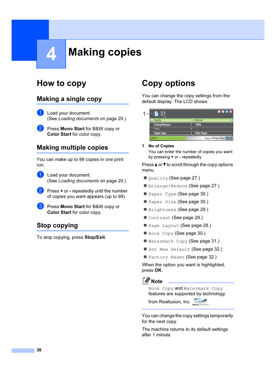 4 making copies, How to copy, Making a single copy | Making multiple copies, Stop copying, Copy options, Making copies | Brother DCP-385C User Manual | Page 32 / 122