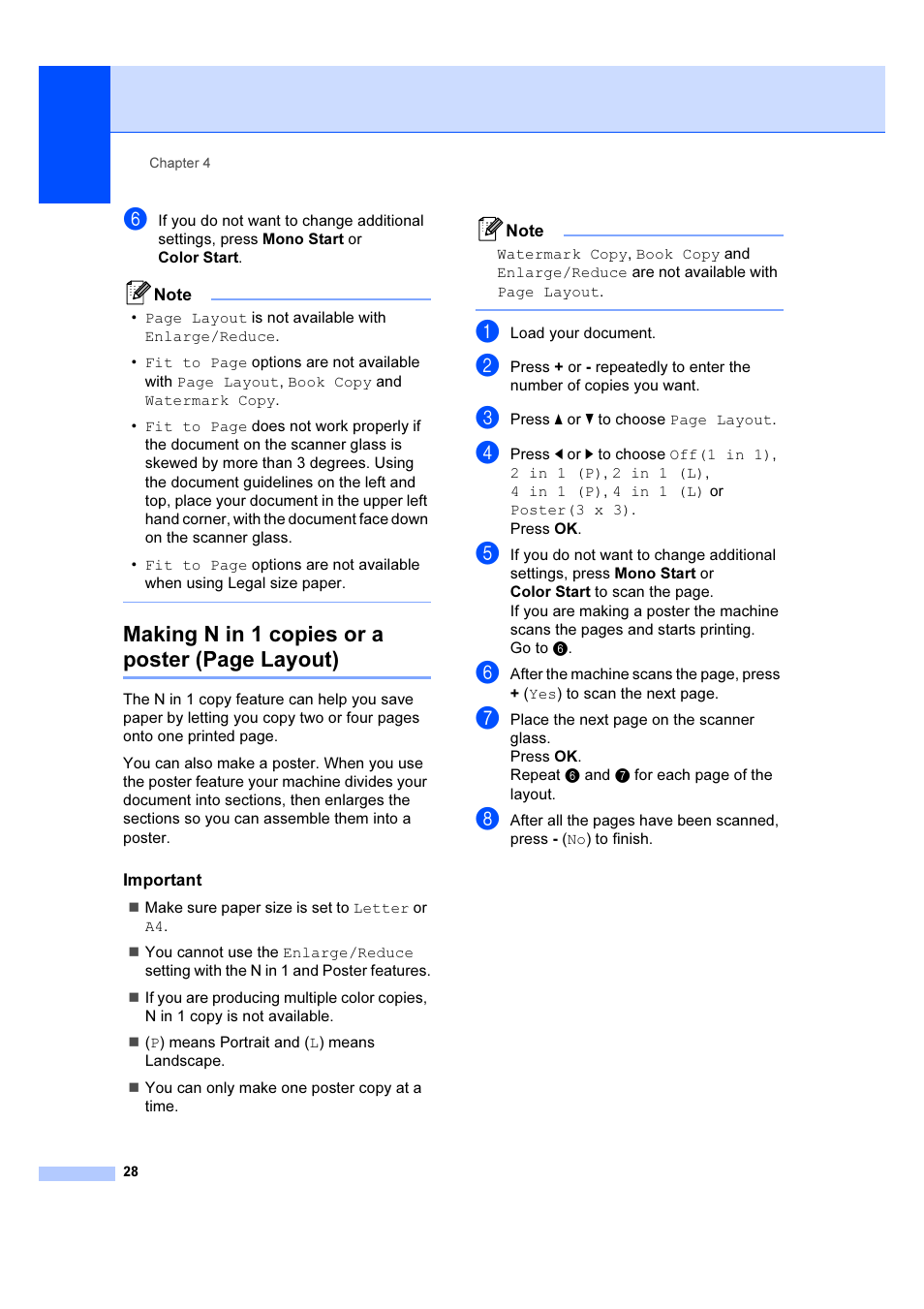 Making n in 1 copies or a poster (page layout) | Brother DCP-385C User Manual | Page 34 / 122