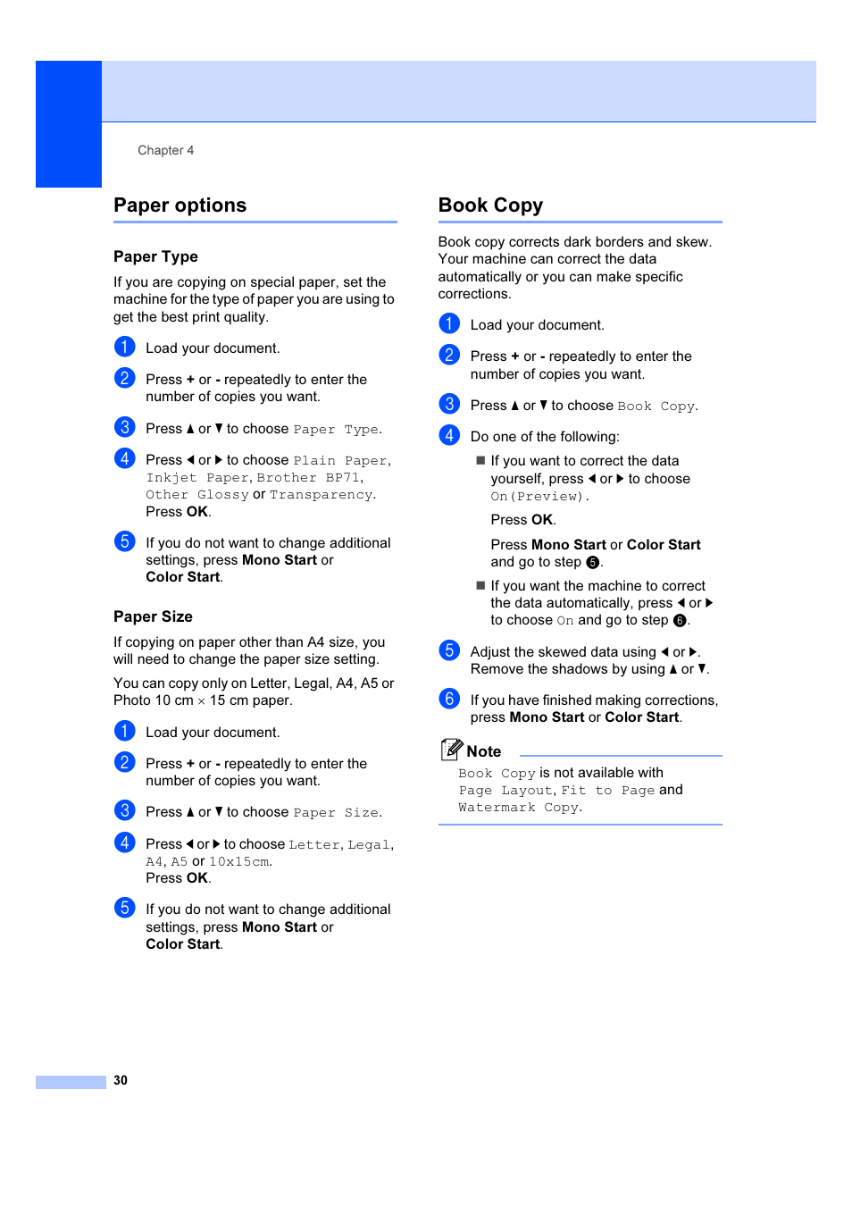 Paper options, Book copy, Paper options book copy | Brother DCP-385C User Manual | Page 36 / 122