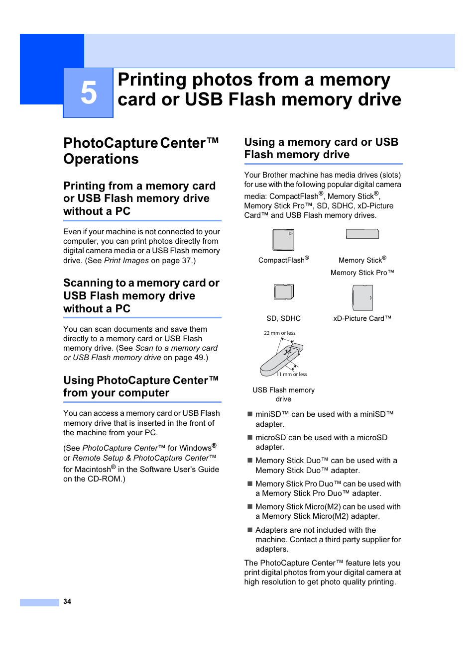 Photocapture center™ operations, Using photocapture center™ from your computer, Using a memory card or usb flash memory drive | Brother DCP-385C User Manual | Page 40 / 122