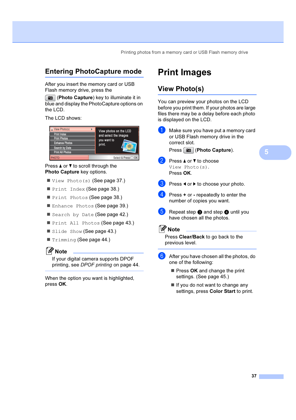 Entering photocapture mode, Print images, View photo(s) | 5entering photocapture mode | Brother DCP-385C User Manual | Page 43 / 122