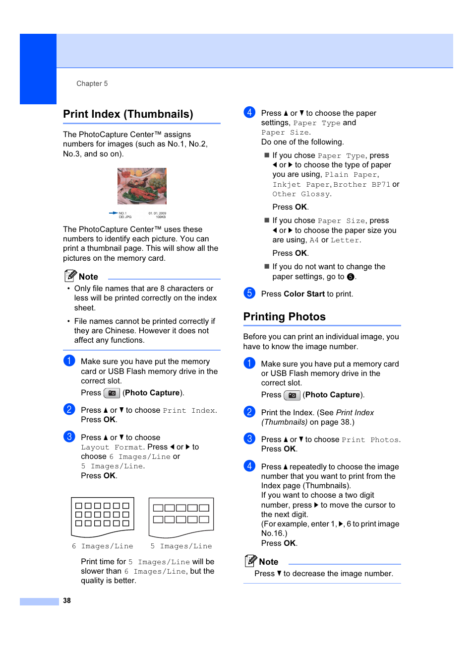 Print index (thumbnails), Printing photos, Print index (thumbnails) printing photos | Brother DCP-385C User Manual | Page 44 / 122