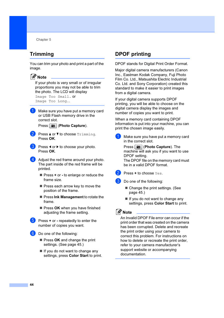 Trimming, Dpof printing, Trimming dpof printing | Brother DCP-385C User Manual | Page 50 / 122