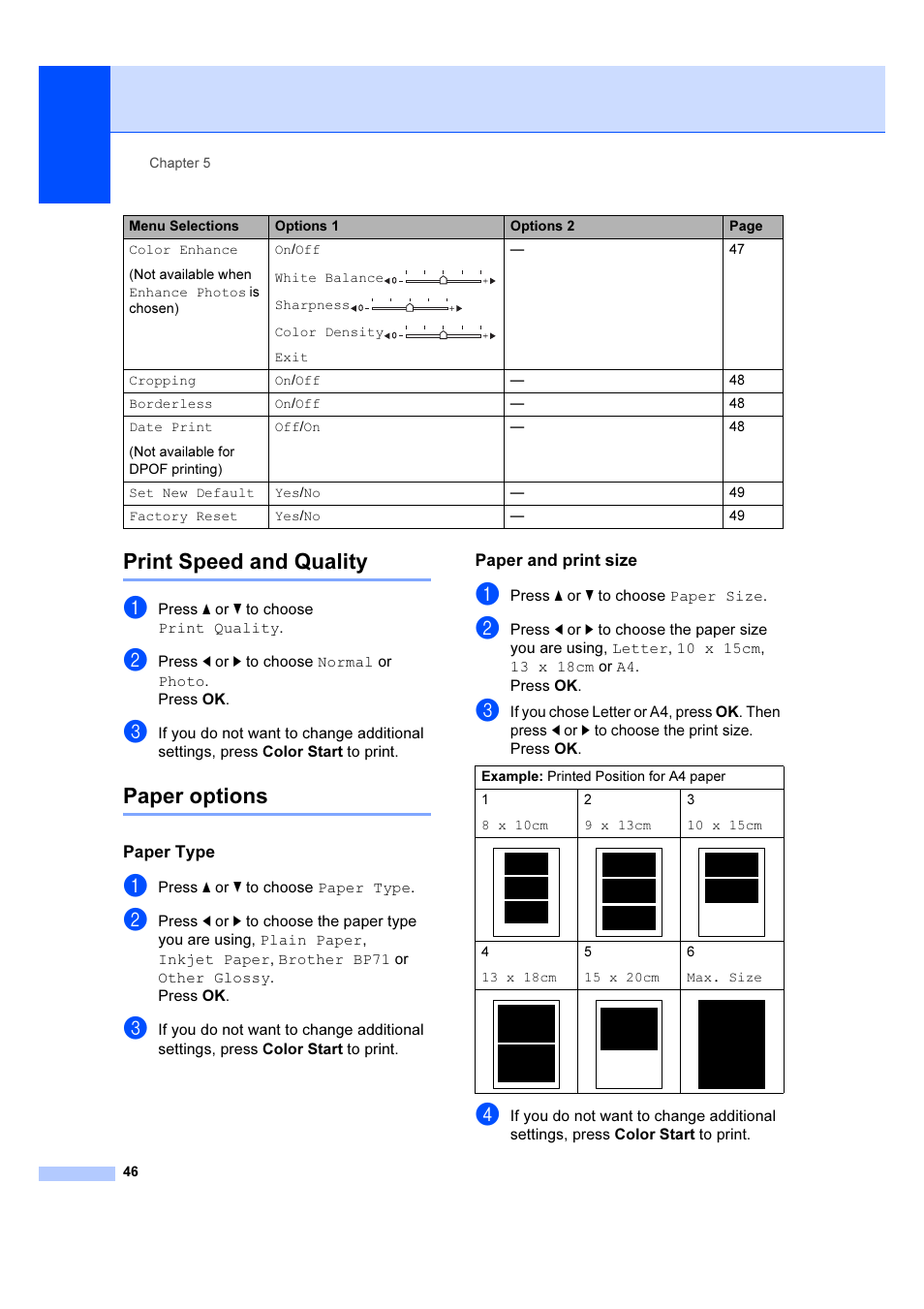 Print speed and quality, Paper options, Print speed and quality paper options | Brother DCP-385C User Manual | Page 52 / 122