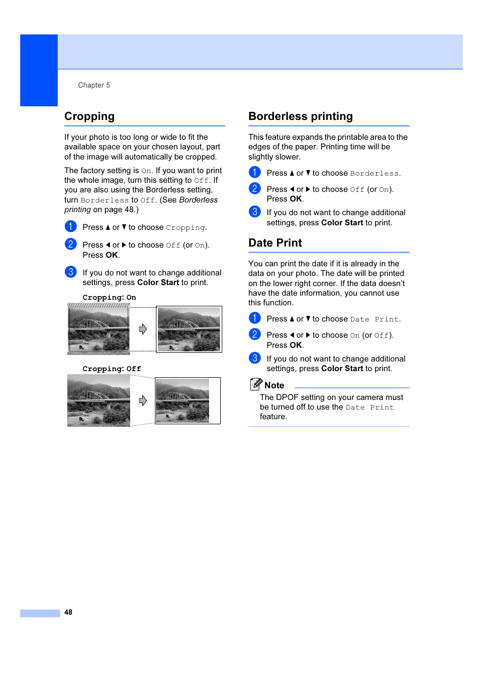 Cropping, Borderless printing, Date print | Cropping borderless printing date print | Brother DCP-385C User Manual | Page 54 / 122