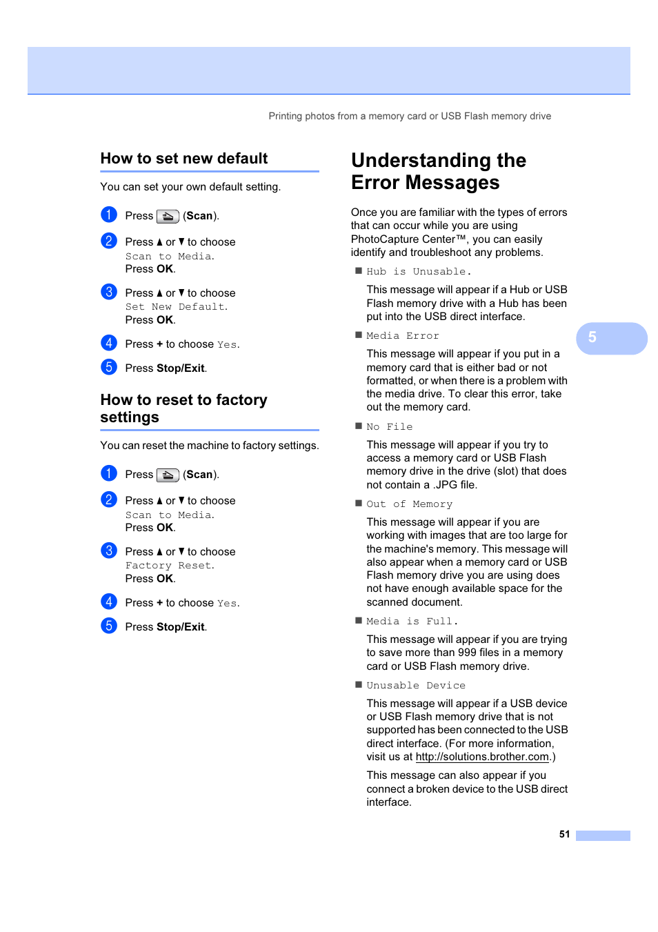 How to set new default, How to reset to factory settings, Understanding the error messages | 5how to set new default | Brother DCP-385C User Manual | Page 57 / 122