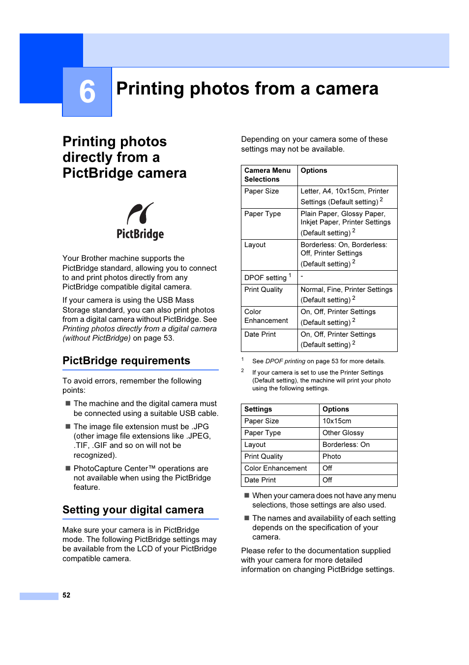 6 printing photos from a camera, Printing photos directly from a pictbridge camera, Pictbridge requirements | Setting your digital camera, Printing photos from a camera | Brother DCP-385C User Manual | Page 58 / 122