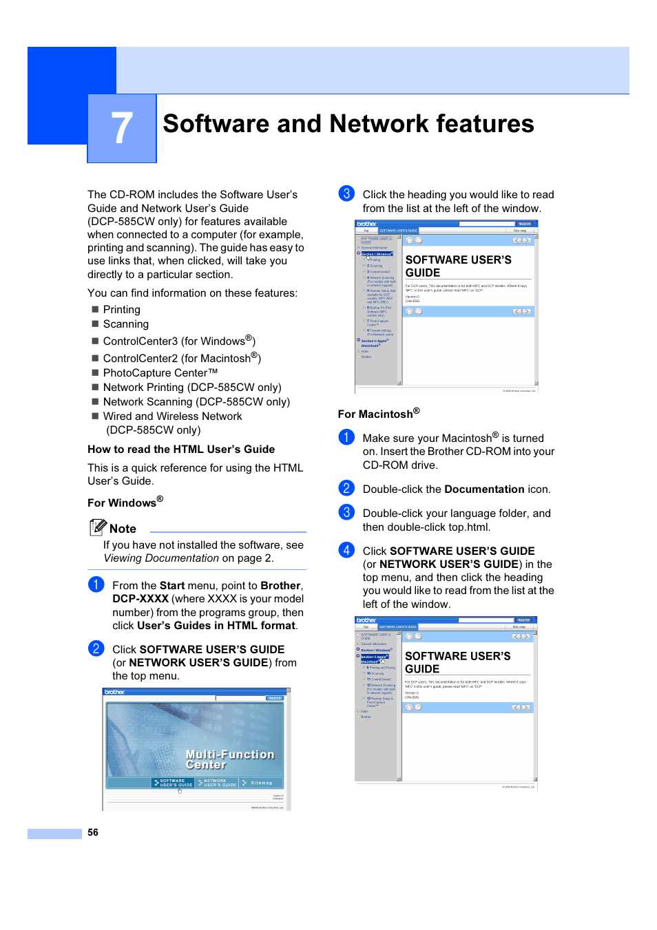 7 software and network features, Software and network features | Brother DCP-385C User Manual | Page 62 / 122