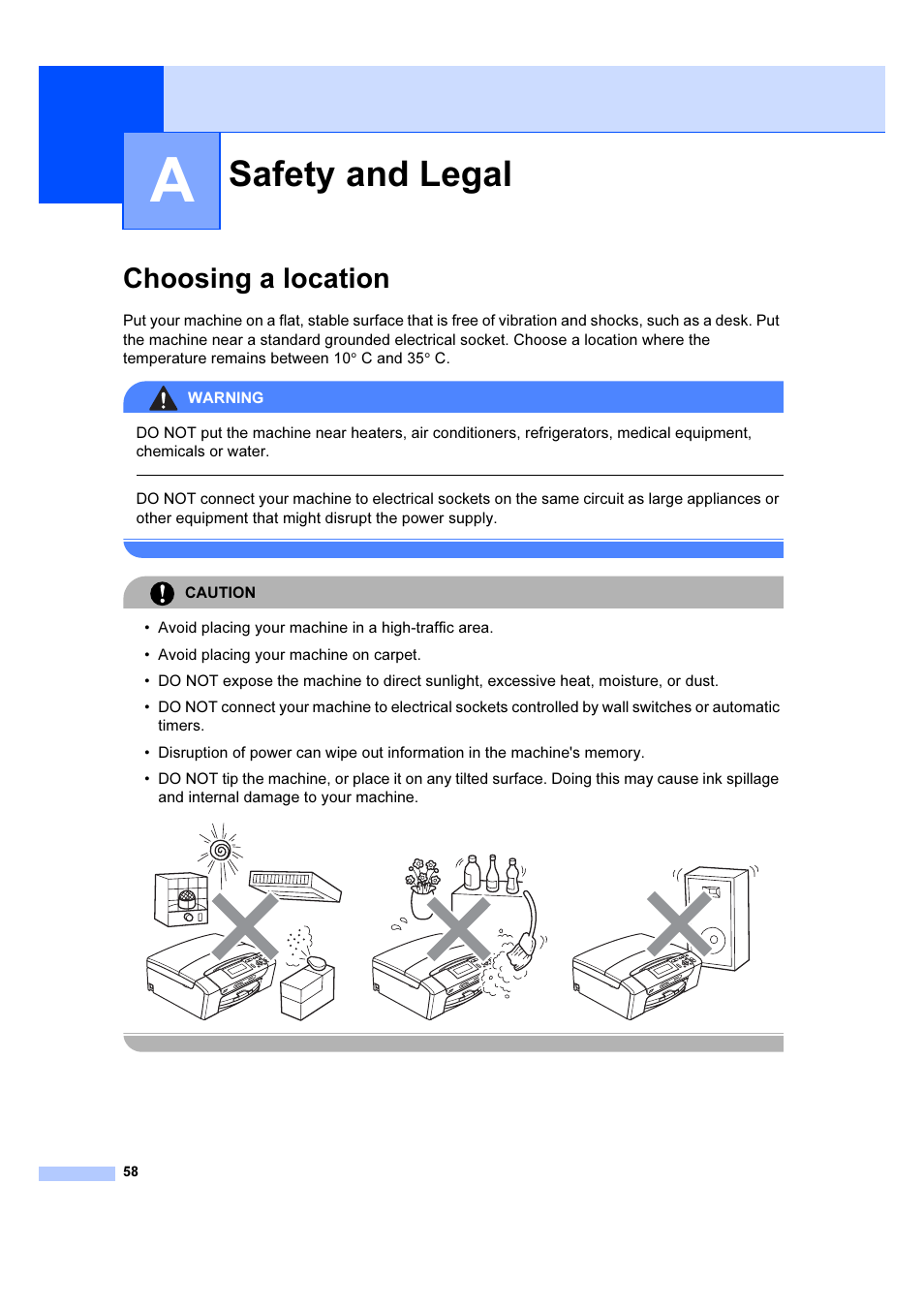 A safety and legal, Choosing a location, Safety and legal | Brother DCP-385C User Manual | Page 64 / 122