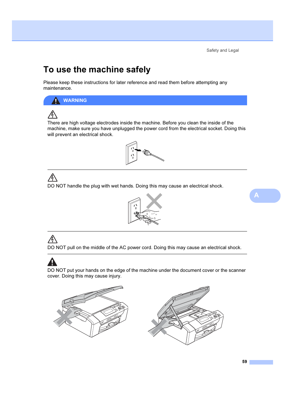 To use the machine safely, Safety and legal 59 | Brother DCP-385C User Manual | Page 65 / 122